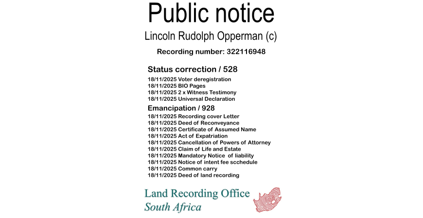 Public notice Lincoln Rudolph Opperman Recording number 322116948