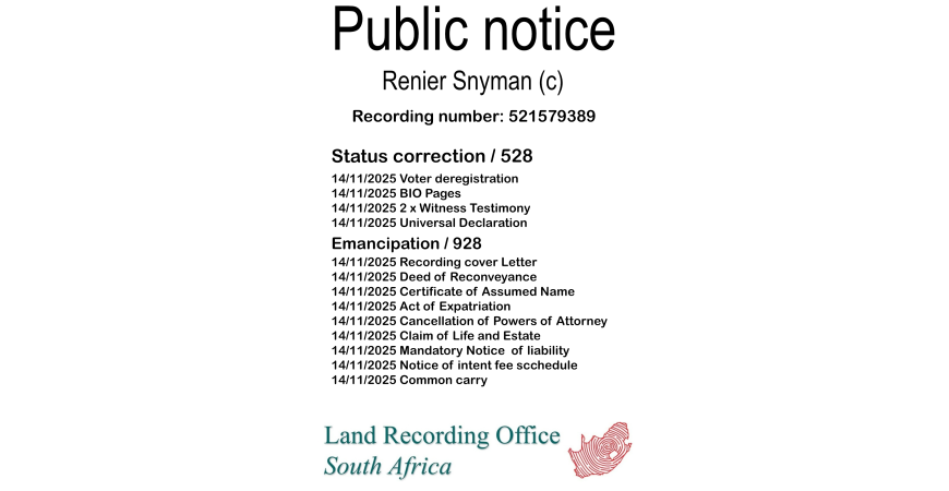 Public notice Renier Snyman Recording number 521579389