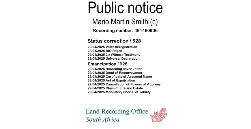 Public notice Mario Martin Smith Recording number 491460906