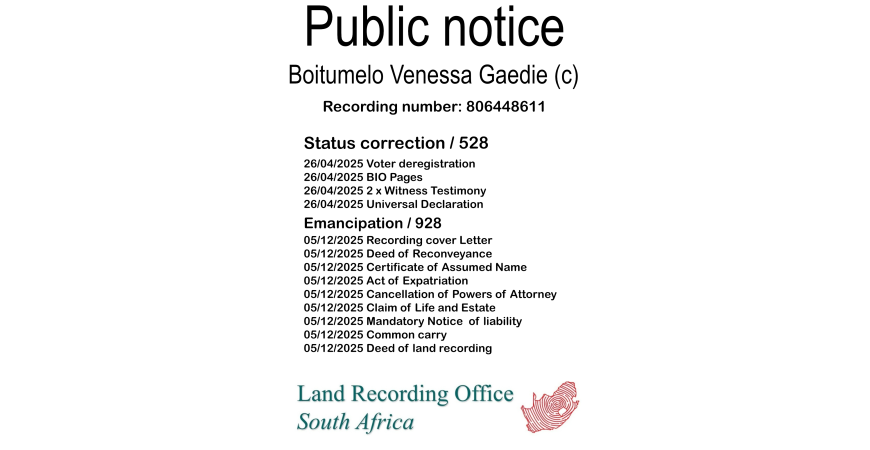 Public notice Boitumelo Venessa Gaedie Recording number 806448611