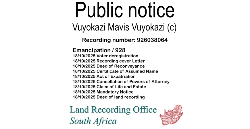 Public notice Vuyokazi Mavis Vuyokazi Recording number 926038064