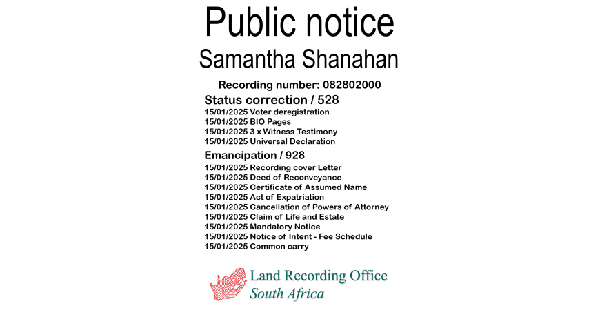 Public notice Samantha Shanahan Recording number 082802000