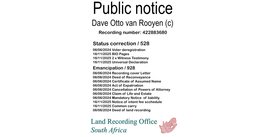 Public notice Dave Otto van Rooyen Recording number 422883680