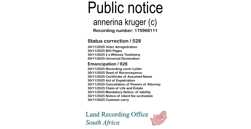 Public notice annerina kruger Recording number 170968111