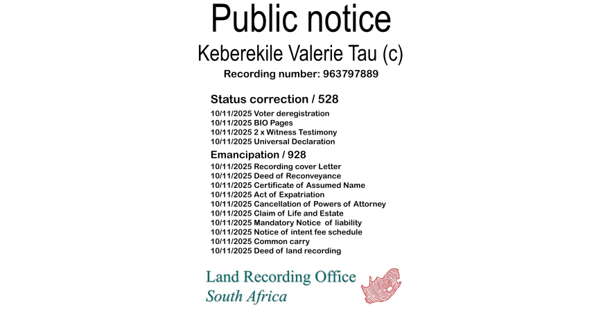 Public notice Keberekile Valerie Tau Recording number 963797889