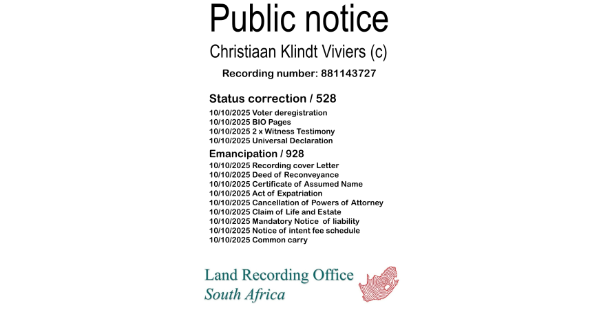 Public notice Christiaan Klindt Viviers Recording number 881143727