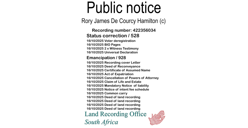 Public notice Rory James De Courcy Hamilton Recording number 422356034