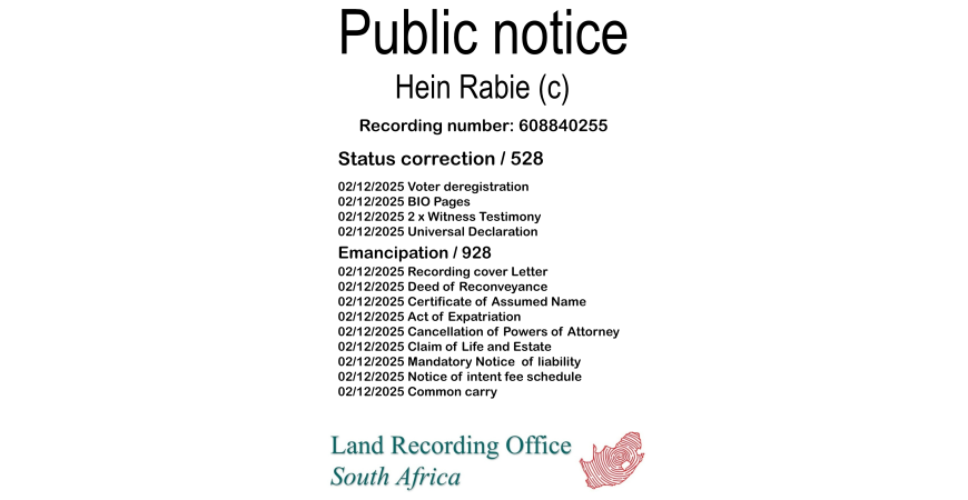 Public notice Hein Rabie Recording number 608840255