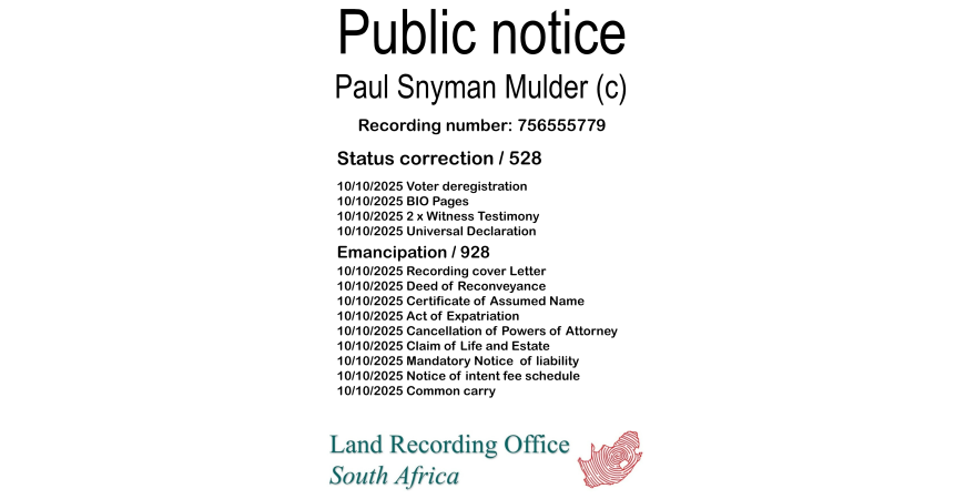 Public notice Paul Snyman Mulder Recording number 756555779