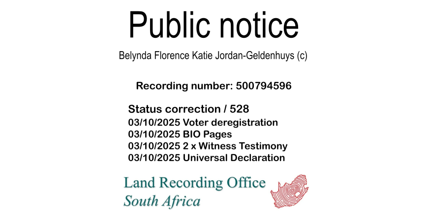 Public notice Belynda Florence Katie Jordan-Geldenhuys Recording number 500794596