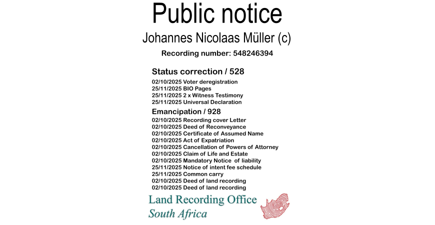 Public notice Johannes Nicolaas Müller Recording number 548246394