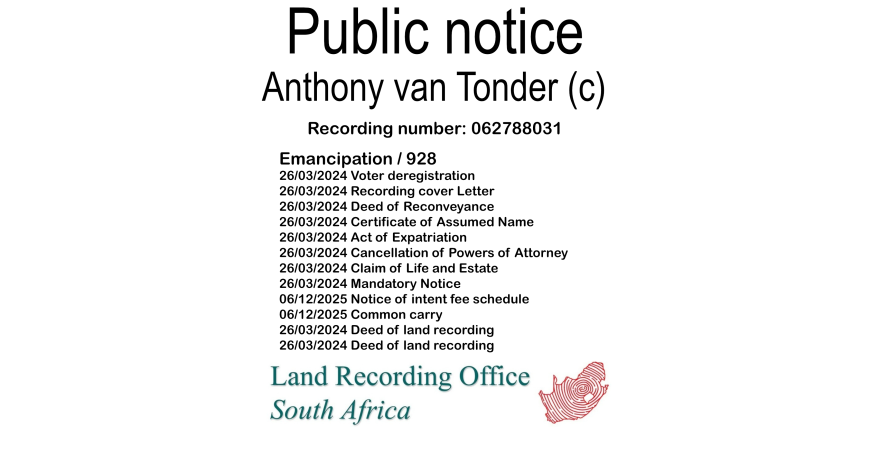 Public notice Anthony van Tonder Recording number 062788031