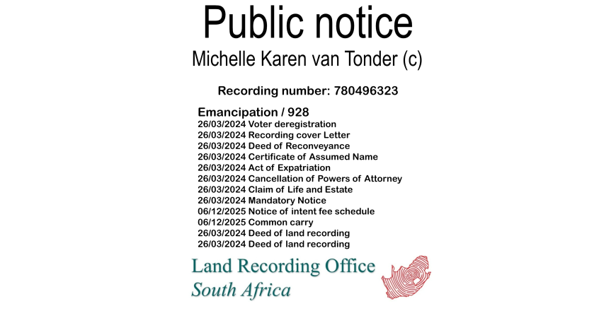 Public notice Michelle Karen van Tonder Recording number 780496323