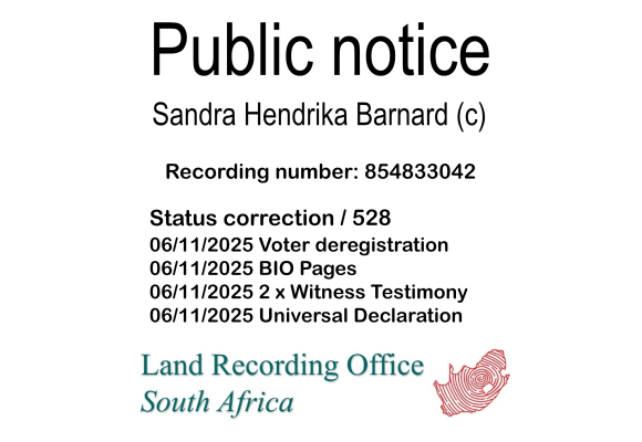 Public notice Sandra Hendrika Barnard Recording number 854833042