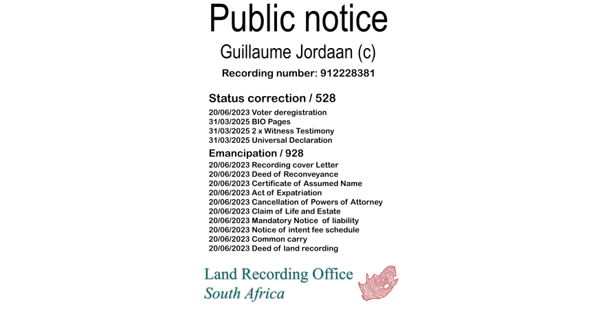 Public notice Guillaume Jordaan Recording number 912228381