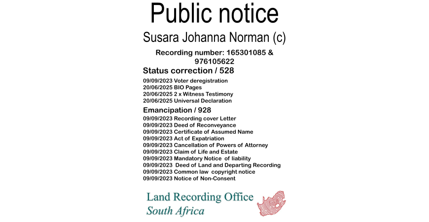 Public notice Susara Johanna Norman Recording number 165301085 & 976105622