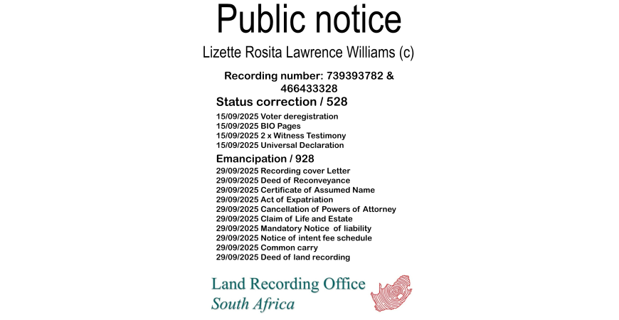 Public notice Lizette Rosita Lawrence Williams Recording number 739393782 & 466433328