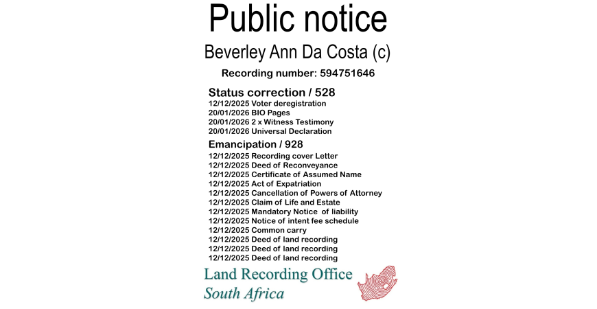 Public notice Beverley Ann Da Costa Recording number 594751646