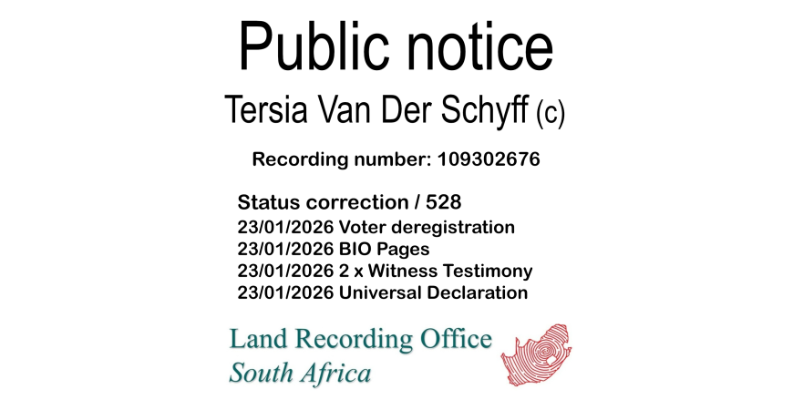 Public notice Tersia Van Der Schyff Recording number 109302676