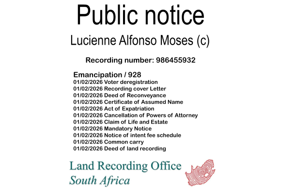 Public notice Lucienne Alfonso Moses Recording number 986455932