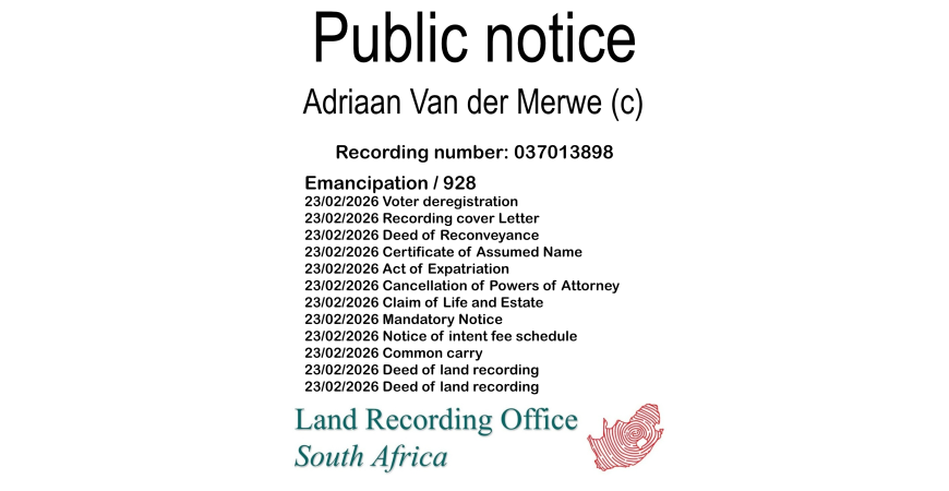 Public notice Adriaan Van der Merwe Recording number 037013898