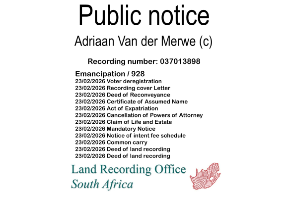 Public notice Adriaan Van der Merwe Recording number 037013898