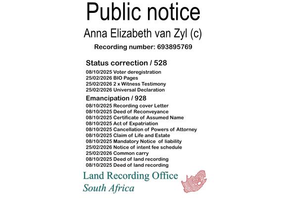 Public notice Anna Elizabeth van Zyl Recording number 693895769