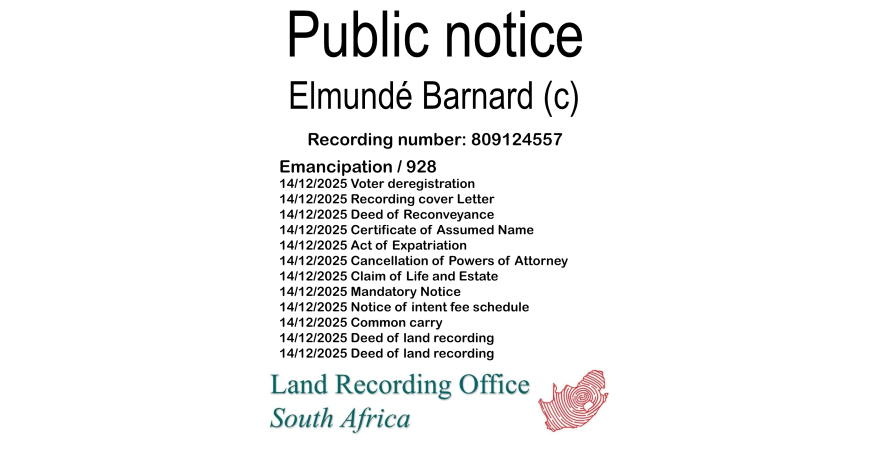 Public notice Elmundé Barnard (c) Recording number 809124557