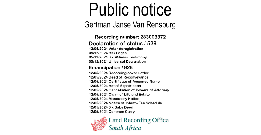 Public notice Gertman Janse Van Rensburg Recording number 283003372