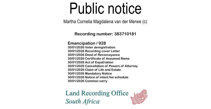 Public notice Martha Cornelia Magdalena van der Merwe (c) Recording number 383710181