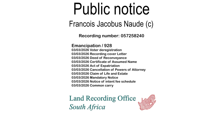 Public notice Francois Jacobus Naude (c) Recording number 057258240