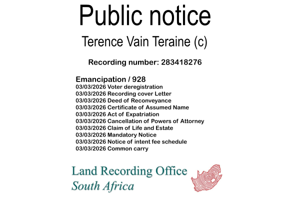 Public notice Terence Vain Teraine (c) Recording number 283418276