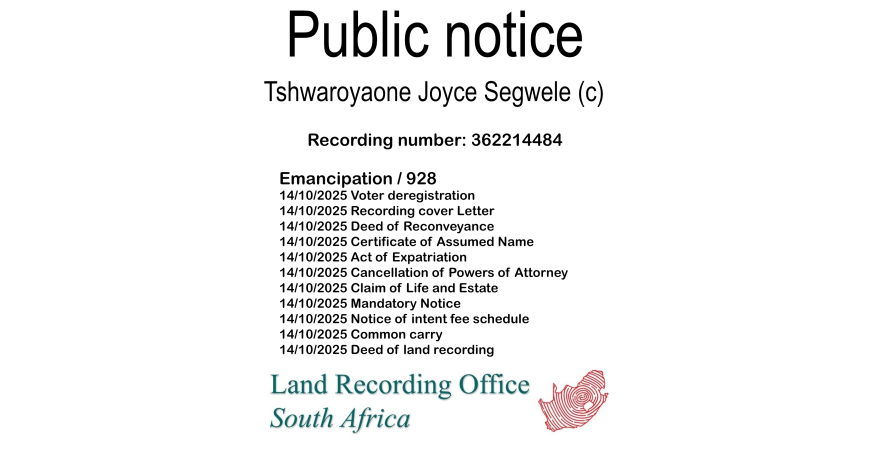 Public notice Maggie Mongakeng (c) Recording number 362214484