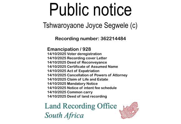 Public notice Maggie Mongakeng (c) Recording number 362214484