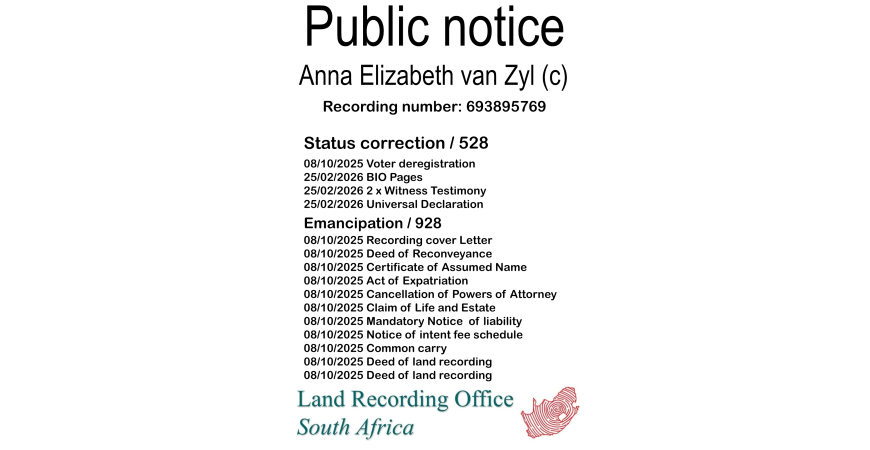 Public notice Anna Elizabeth van Zyl (c) Recording number 693895769