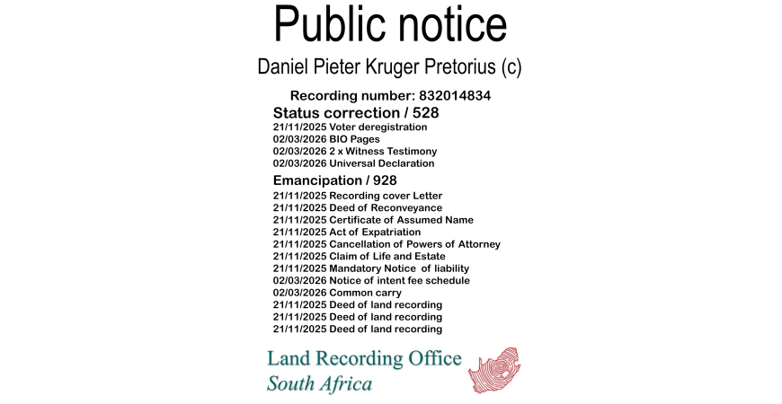 Public notice Daniel Pieter Kruger Pretorius (c) Recording number 832014834