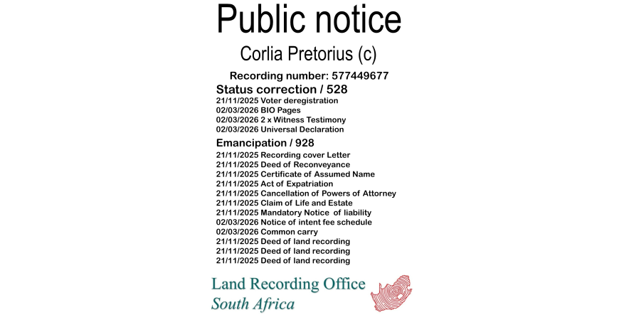 Public notice Corlia Pretorius (c) Recording number 577449677