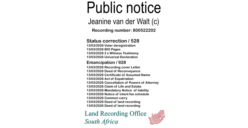 Public notice Jeanine van der Walt (c) Recording number 800522202