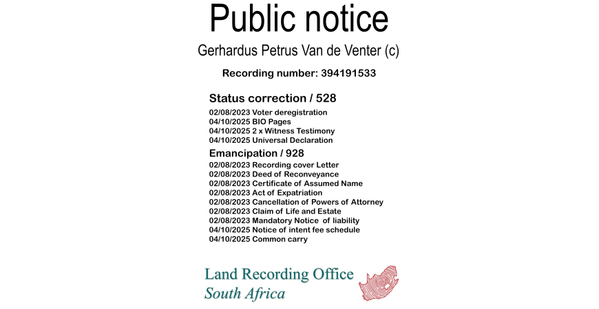 Public notice Gerhardus Petrus Van de Venter (c) Recording number 394191533