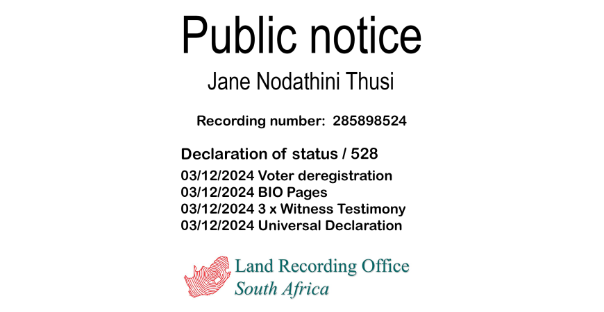 Public notice Jane Nodathini Thusi Recording number 285898524