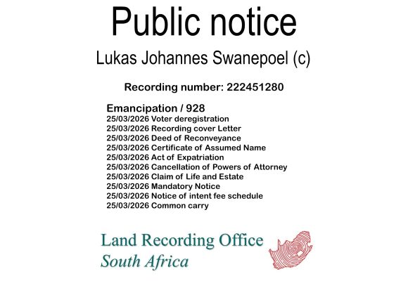 Public notice Lukas Johannes Swanepoel (c) Recording number 222451280