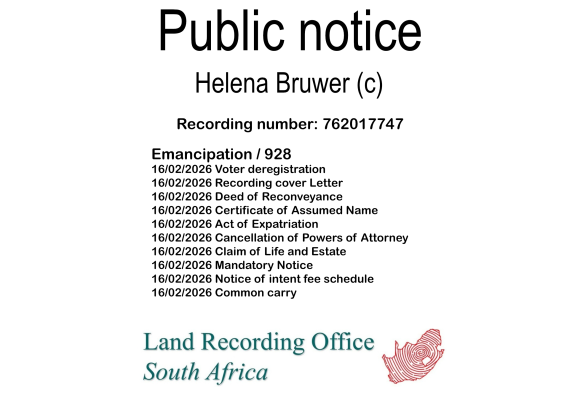 Public notice Helena Bruwer (c) Recording number 762017747