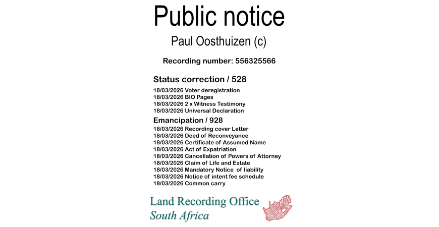 Public notice Paul Oosthuizen (c) Recording number 556325566