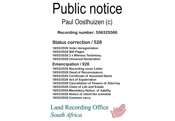 Public notice Paul Oosthuizen (c) Recording number 556325566