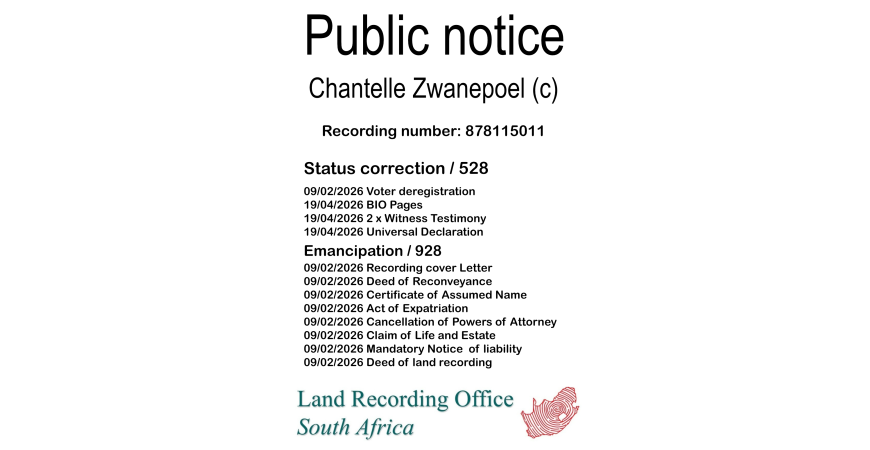 Public notice Chantelle Zwanepoel (c) Recording number 878115011
