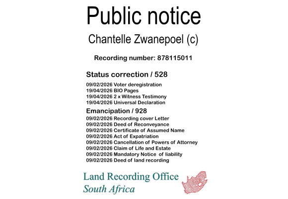 Public notice Chantelle Zwanepoel (c) Recording number 878115011