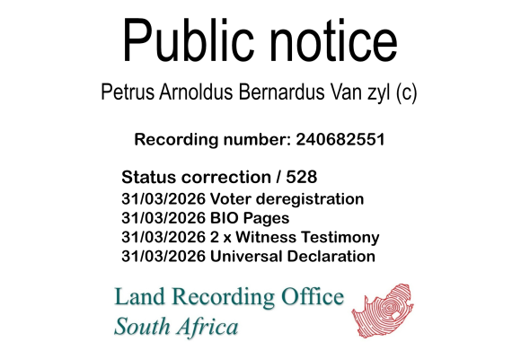 Public notice Petrus Arnoldus Bernardus Van zyl (c) Recording number 240682551