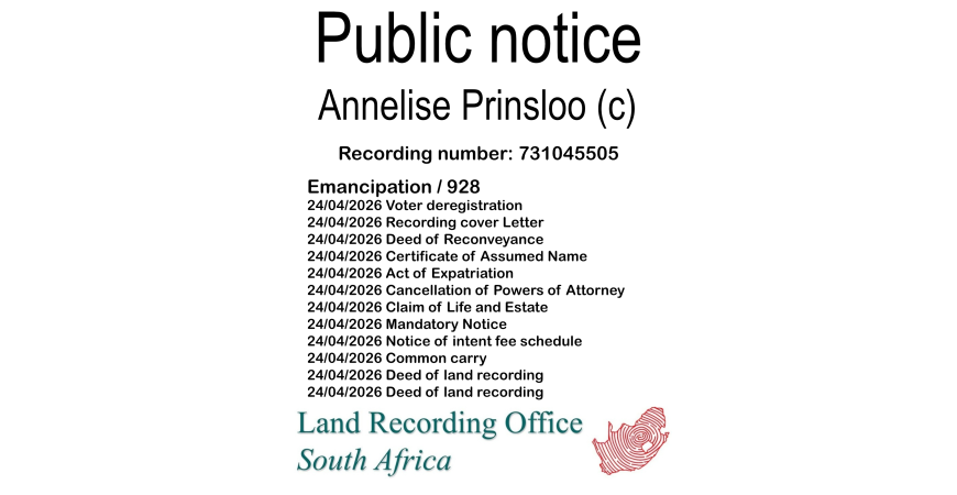 Public notice Annelise Prinsloo (c) Recording number 731045505