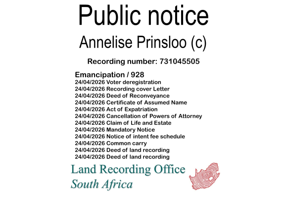 Public notice Annelise Prinsloo (c) Recording number 731045505
