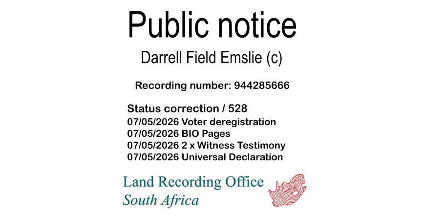 Public notice Darrell Field Emslie (c) Recording number 944285666